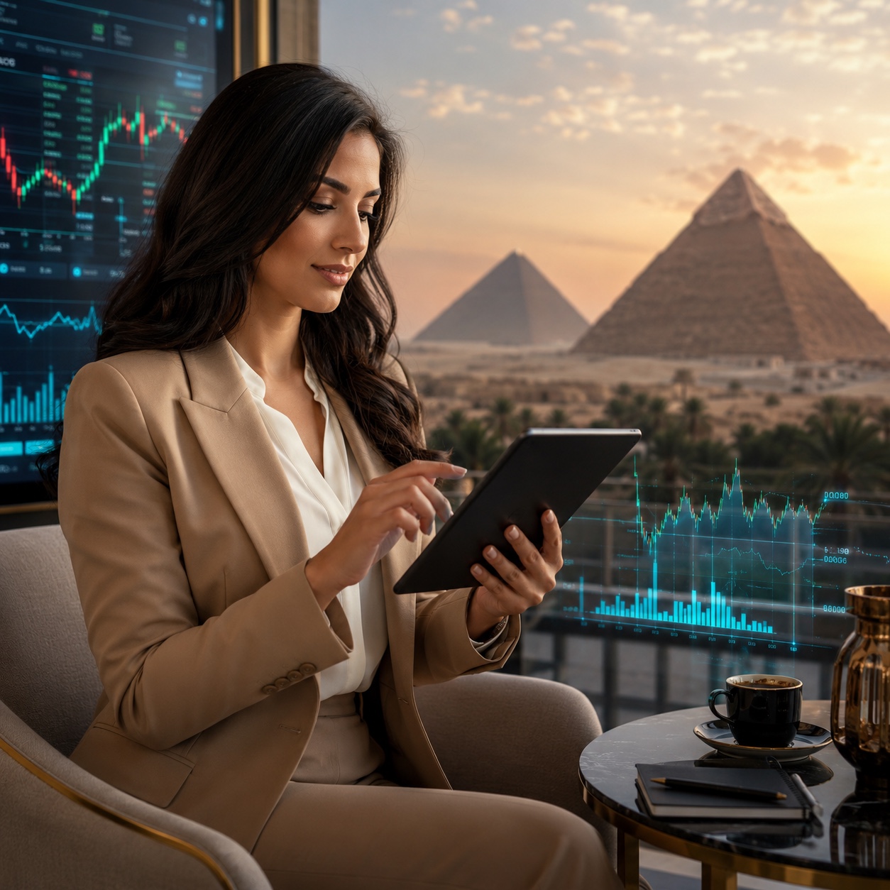 Businesswoman following Egyptian financial markets
