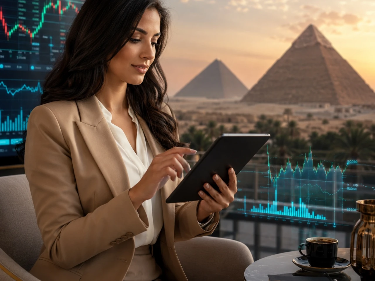Businesswoman following Egyptian financial markets