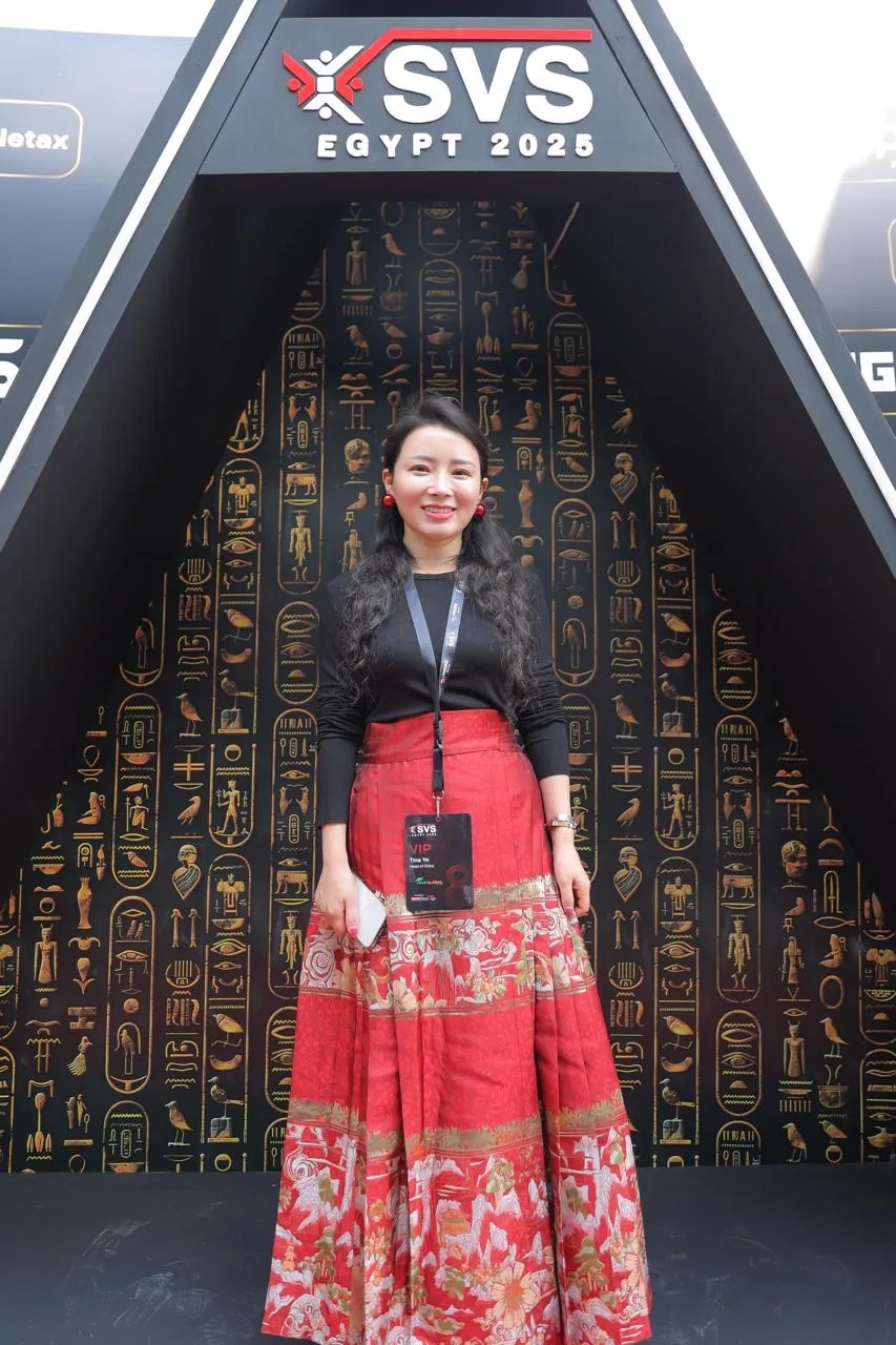 International visitor at SVS Egypt 2025 Egyptian-themed entrance